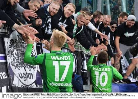Oscar Wendt, Thorgan Hazard celebrate with fans Torino 21-10-2015 Juventus Stadium Football Calcio Champions League 2015 2015 Group Stage Group D Juventus - Borussia Monchengladbach andreaxstaccioli