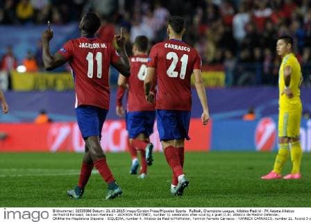 Fußball, Champions League, Atletico Madrid - FK Astana Atletico de Madrid Forward, Jackson Martinez - JACKSON MARTINEZ, number 11 celebrates after scoring a goal (2,0). Atletico de Madrid Defender, Ghillherme Magdalena Siqueira - SIQUEIRA, number 4. Atletico de Madrid Midfielder, Yannick Ferreira Carrasco - YANNICK CARRASCO, number 21. Round 3 of the CHAMPIONS league soccer match between Atletico de Madrid - Astana at the Vicente Calderon estadium Madrid - Spain by October 21 2015. 