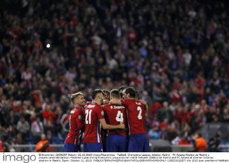 Fußball, Champions League, Atletico Madrid - FK Astana Atletico de Madrid s players celebrate Jackson Martinez s goal during Champions League soccer match between Atletico de Madrid and FC Astana at Vicente Calderon stadium in Madrid, Spain. October 21, 2015.  (20151021027)