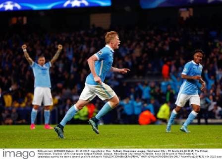 FuÃŸball, Champions League, Manchester City - FC Sevilla 21.10.2015. The Etihad, Manchester, England. UEFA Champions League Football. League. Manchester City versus FC Sevilla. Kevin De Bruyne of Manchester City celebrates scoring his teams second goal xPaulxKeevilx  ActionPlus11674231