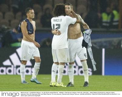 Fußball, Champions League, Paris St. Germain - Real Madrid Champions League match between Paris St Germain PSG and Real Madrid. In this picture, Marcelo and Sergio Ramos. xANGELxRIVEROx 