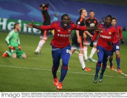 FuÃŸball, Champions League, ZSKA Moskau - Manchester United MOSCOW REGION, RUSSIA. OCTOBER 21, 2015. CSKA Moscow s Seydou Doumbia (C) and Ahmed Musa (R) celebrate a goal against Manchester United ManU s Antonio Valencia in action in their UEFA Champions League Group Stage Group B football match at Arena Khimki Stadium. The game ended in a 1-1 draw. Artyom Korotayev TASS  TS010528