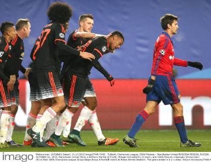 FuÃŸball, Champions League, ZSKA Moskau - Manchester United MOSCOW REGION, RUSSIA. OCTOBER 21, 2015. Manchester United ManU s Anthony Martial (C front), Morgan Schneiderlin (C back), and CSKA Moscow s Georgey Shchennikov (R) in their UEFA Champions League Group Stage Group B football match at Arena Khimki Stadium. The game ended in a 1-1 draw. Artyom Korotayev TASS  TS01054A