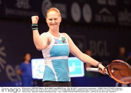 Oct. 22, 2015 - Luxembourg, Luxembourg - ALISON VAN UYTVANCK of Belgium celebrates match point in her victory over A Ivanovic. at the BGL BNP Paribas Luxembourg Open tennis tournament on Thursday 22 October 2015 Tennis 2015 - BGL BNP Paribas Luxembourg Open - Day 3 - ZUMAl132