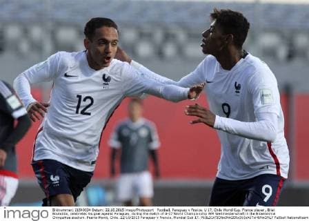 Football, Paraguay v France. U 17, Chile World Cup. France player , Bilal Boutobba, celebrates his goal against Paraguay, during the match of U-17 World Championship WM Weltmeisterschaft in the Bicentennial Chinquihue stadium. Puerto Montt, Chile. 22 10 2015 Paraguay v Francia, Mundial Sub 17. 