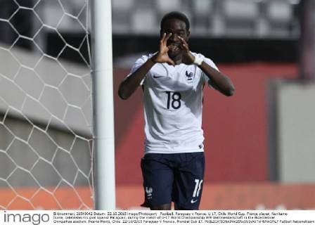 Football, Paraguay v France. U 17, Chile World Cup. France player, Nanitamo Ikone, celebrates his goal against Paraguay, during the match of U-17 World Championship WM Weltmeisterschaft in the Bicentennial Chinquihue stadium. Puerto Montt, Chile. 22 10 2015 Paraguay v Francia, Mundial Sub 17. 