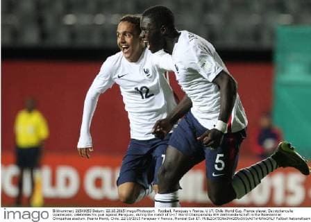Football, Paraguay v France. U 17, Chile World Cup. France player, Dayotchanculle Upamecano, celebrates his goal against Paraguay, during the match of U-17 World Championship WM Weltmeisterschaft in the Bicentennial Chinquihue stadium. Puerto Montt, Chile. 22 10 2015 Paraguay v Francia, Mundial Sub 17. 