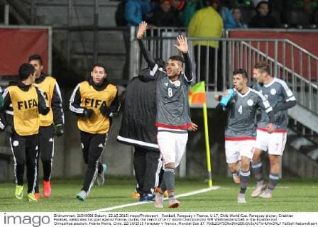 Football, Paraguay v France. U 17, Chile World Cup. Paraguay player, Cristhian Paredes, celebrates his goal against France, during the match of U-17 World Championship WM Weltmeisterschaft in the Bicentennial Chinquihue stadium. Puerto Montt, Chile. 22 10 2015 Paraguay v Francia, Mundial Sub 17. 