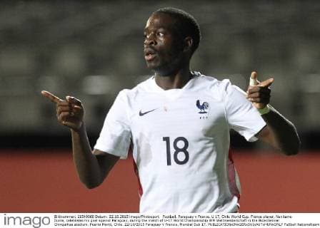 Football, Paraguay v France. U 17, Chile World Cup. France player, Nanitamo Ikone, celebrates his goal against Paraguay, during the match of U-17 World Championship WM Weltmeisterschaft in the Bicentennial Chinquihue stadium. Puerto Montt, Chile. 22 10 2015 Paraguay v Francia, Mundial Sub 17. 