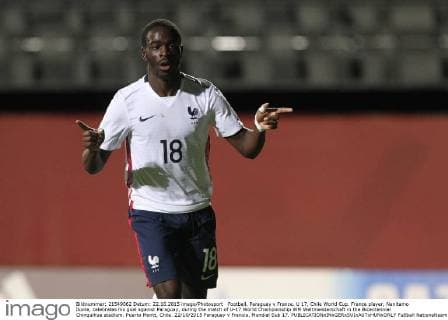 Football, Paraguay v France. U 17, Chile World Cup. France player, Nanitamo Ikone, celebrates his goal against Paraguay, during the match of U-17 World Championship WM Weltmeisterschaft in the Bicentennial Chinquihue stadium. Puerto Montt, Chile. 22 10 2015 Paraguay v Francia, Mundial Sub 17. 