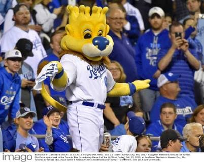 Oct. 23, 2015 - Kansas City, MO, USA - Sluggerrr entertains fans as the Kansas City Royals play host to the Toronto Blue Jays during Game 6 of the ALCS on Friday, Oct. 23, 2015, at Kauffman Stadium in Kansas City, Mo. Toronto at Kansas City, ALCS Game 6 - ZUMAm67_