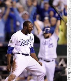 Oct. 23, 2015 - Kansas City, MO, USA - The Kansas City Royals Lorenzo Cain celebrates scoring on an RBI single in the eighth inning by Eric Hosmer against the Toronto Blue Jays during Game 6 of the ALCS on Friday, Oct. 23, 2015, at Kauffman Stadium in Kansas City, Mo. Toronto at Kansas City, ALCS Game 6 - ZUMAm67_