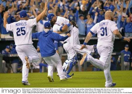 Kansas City Royals pitcher Wade Davis (R) leaps into the arms of catcher Salvador Perez after winning the ALCS game 6 at Kaufman Stadium in Kansas City on October 23, 2015. Kansas City beats Toronto 4-3 to win the 2015 ALCS.  KCP2015102369 KEVINxDIETSCH