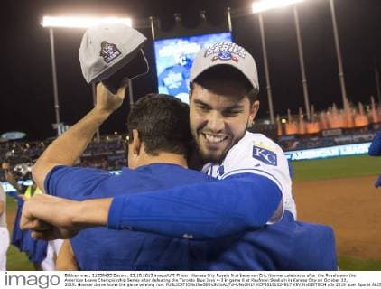 Kansas City Royals first baseman Eric Hosmer celebrates after the Royals won the American Leave Championship Series after defeating the Toronto Blue Jays 4-3 in game 6 at Kaufman Stadium in Kansas City on October 23, 2015. Hosmer drove home the game winning run.  KCP20151024817 KEVINxDIETSCH