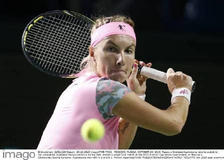 MOSCOW, RUSSIA. OCTOBER 24, 2015. Russia s Svetlana Kuznetsova returns a shot to her compatriot Anastasia Pavlyuchenkova during their women s single final match at the 2015 Kremlin Cup tennis tournament, at Moscow s Olympiysky Sports Complex. Kuznetsova won with 6-2 and 6-1. Mikhail Japaridze TASS  TS0107FD