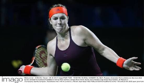 MOSCOW, RUSSIA. OCTOBER 24, 2015. Russia s Anastasia Pavlyuchenkova returns a shot to her compatriot Svetlana Kuznetsova during their women s single final match at the 2015 Kremlin Cup tennis tournament, at Moscow s Olympiysky Sports Complex. Kuznetsova won with 6-2 and 6-1.Mikhail Japaridze TASS  TS010818
