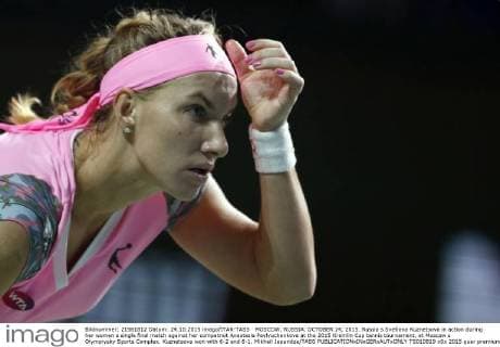 MOSCOW, RUSSIA. OCTOBER 24, 2015. Russia s Svetlana Kuznetsova in action during her women s single final match against her compatriot Anastasia Pavlyuchenkova at the 2015 Kremlin Cup tennis tournament, at Moscow s Olympiysky Sports Complex. Kuznetsova won with 6-2 and 6-1. Mikhail Japaridze TASS  TS010819