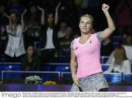 MOSCOW, RUSSIA. OCTOBER 24, 2015. Russia s Svetlana Kuznetsova celebrates her victory in the women s single final match against her compatriot Anastasia Pavlyuchenkova at the 2015 Kremlin Cup tennis tournament, at Moscow s Olympiysky Sports Complex. Kuznetsova won with 6-2 and 6-1. Mikhail Japaridze TASS  TS01081A