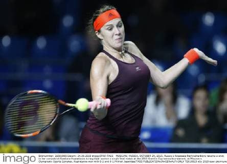 MOSCOW, RUSSIA. OCTOBER 24, 2015. Russia s Anastasia Pavlyuchenkova returns a shot to her compatriot Svetlana Kuznetsova during their women s single final match at the 2015 Kremlin Cup tennis tournament, at Moscow s Olympiysky Sports Complex. Kuznetsova won with 6-2 and 6-1.Mikhail Japaridze TASS  TS010815