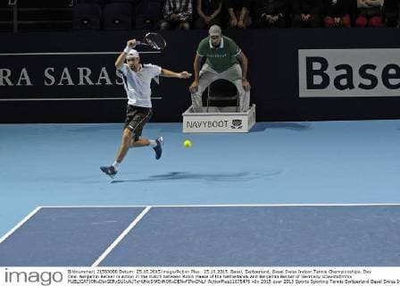 25.10.2015. Basel, Switzerland. Basel Swiss Indoor Tennis Championships. Day One. Benjamin Becker in action in the match between Robin Haase of the Netherlands and Benjamin Becker of Germany xDavidxEmmx  ActionPlus11675476