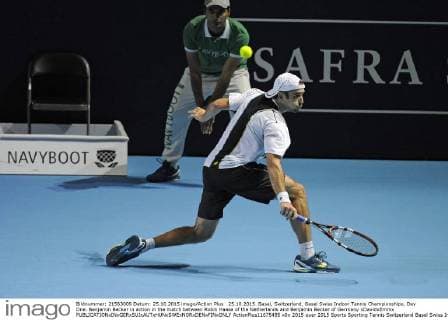 25.10.2015. Basel, Switzerland. Basel Swiss Indoor Tennis Championships. Day One. Benjamin Becker in action in the match between Robin Haase of the Netherlands and Benjamin Becker of Germany xDavidxEmmx  ActionPlus11675485