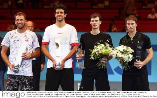 Wien 25.10.2015, Stadthalle, Wien, AUT, ATP Tennis Herren Tour, Erste Bank Open, Doppel-Finale, im Bild v.l. Lukasz Kubot (POL), Marcelo Melo (BRA), Jamie Murray (GBR), John Peers (AUS) f.l. Lukasz Kubot of Poland Marcelo Melo of Brazil Jamie Murray of Great Britain John Peers of Australia during the doubles final match of Erste Bank Open of ATP Tour at the Stadthalle in Wien, Austria on 2015 10 25. EP_tha