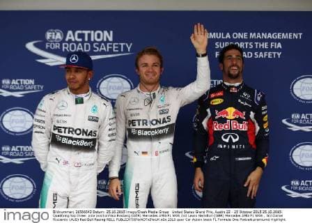 United States Grand Prix, Austin 22 - 25 October 2015 25.10.2015- Qualifying top three: pole positionNico Rosberg (GER) Mercedes AMG F1 W06 2nd Lewis Hamilton (GBR) Mercedes AMG F1 W06 , 3rd Daniel Ricciardo (AUS) Red Bull Racing RB11 