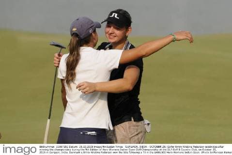 GURGAON, INDIA - OCTOBER 25: Golfer Emily Kristine Pedersen celebrates after winning the championship during the 9th Edition of Hero Womens Indian Open Golf Championship at the DLF Golf & Country Club, on October 25, 2015 in Gurgaon, India. Denmark s Emily Kristine Pedersen won the title following a 73 in the $400,000 Hero Womens Indian Open. (Photo by Parveen Kumar Hindustan Times ) 9th Edition Of Hero Womens Indian Open Golf Championship