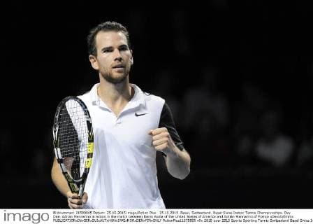 25.10.2015. Basel, Switzerland. Basel Swiss Indoor Tennis Championships. Day One. Adrian Mannarino in action in the match between Denis Kudla of the United States of America and Adrian Mannarino of France xDavidxEmmx  ActionPlus11675805