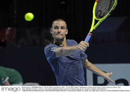 25.10.2015. Basel, Switzerland. Basel Swiss Indoor Tennis Championships. Day One. Mikhail Youzhny in action in the match between Mikhail Youzhny of Russia and Jerzy Janowicz of Poland xDavidxEmmx  ActionPlus11675827