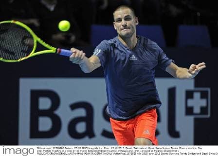25.10.2015. Basel, Switzerland. Basel Swiss Indoor Tennis Championships. Day One. Mikhail Youzhny in action in the match between Mikhail Youzhny of Russia and Jerzy Janowicz of Poland xDavidxEmmx  ActionPlus11675828