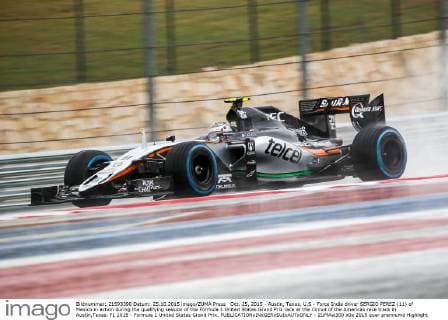 Oct. 25, 2015 - Austin, Texas, U.S - Force India driver SERGIO PEREZ (11) of Mexico in action during the qualifying session of the Formula 1 United States Grand Prix race at the Circuit of the Americas race track in Austin,Texas. F1 2015 - Formula 1 United States Grand Prix. - ZUMAw300