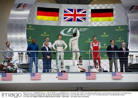October 25, 2015: Nico Rosberg 06 (left) Lewis Hamilton 44 (center) and Sebastian Vettel 05 take the podium win at the United States Grand Prix, Circuit of the Americas. Austin, TX. Formula One 2015: United States Grand Prix OCT 25 - ZUMAc04_