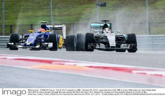 October 25, 2015: Lewis Hamilton (44) GBR driving a Mercedes car leads Felipe Nasr (12) BRA driving a Sauber through the turn during the 2015 Formula 1 U.S. Grand Prix Sunday morning practice session at Circuit of the Americas, Austin, Texas. (Photo by Ken Murray Icon Sportswire) AUTO: OCT 25 F1 - United States Grand Prix Icon1510251001 EDITORIAL USE ONLY