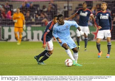 Fußball, MLS, FC New York City - New England Revolution Kwadwo Poku (88) of NYCFC in action during a match against New England Revolution, at Yankee Stadium on Oct 25 in Bronx, New York. MLS Fussball Herren USA 2015: New England Revolution vs NYCFC October 25 - ZUMAc04_