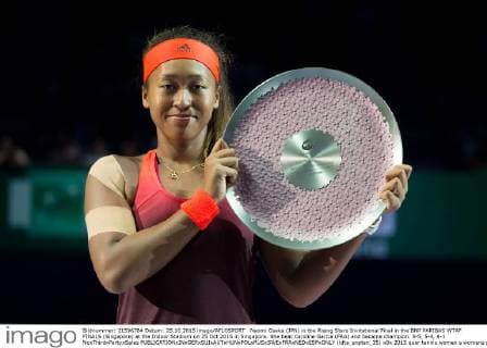 Naomi Osaka (JPN) in the Rising Stars Invitational Final in the BNP PARIBAS WTAF FINALS (Singapore) at the Indoor Stadium on 25 Oct 2015 in Singapore. She beat Caroline Garcia (FRA) and became champion. 3-5, 5-4, 4-1 NoxThirdxPartyxSales  (ldta_snpten_35)