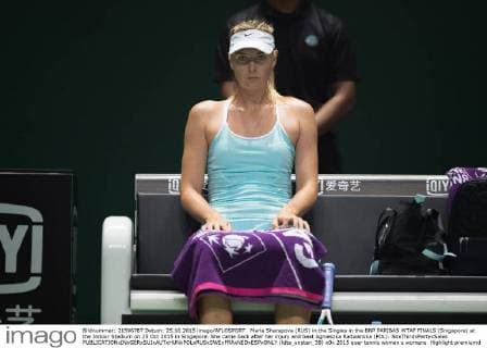 Maria Sharapova (RUS) in the Singles in the BNP PARIBAS WTAF FINALS (Singapore) at the Indoor Stadium on 25 Oct 2015 in Singapore. She came back after her injury and beat Agnieszka Radwanska (POL). NoxThirdxPartyxSales  (ldta_snpten_38)