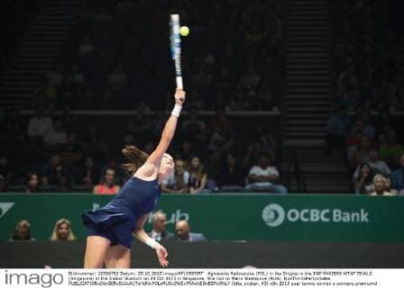 Agnieszka Radwanska (POL) in the Singles in the BNP PARIBAS WTAF FINALS (Singapore) at the Indoor Stadium on 25 Oct 2015 in Singapore. She lost to Maria Sharapova (RUS). NoxThirdxPartyxSales  (ldta_snpten_43)