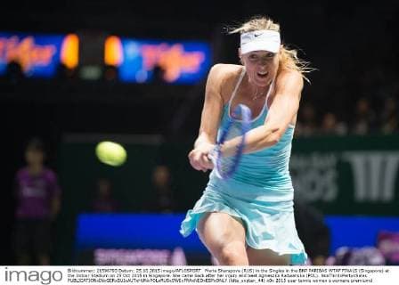 Maria Sharapova (RUS) in the Singles in the BNP PARIBAS WTAF FINALS (Singapore) at the Indoor Stadium on 25 Oct 2015 in Singapore. She came back after her injury and beat Agnieszka Radwanska (POL). NoxThirdxPartyxSales  (ldta_snpten_44)