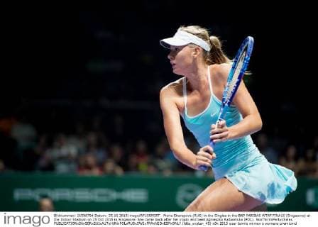 Maria Sharapova (RUS) in the Singles in the BNP PARIBAS WTAF FINALS (Singapore) at the Indoor Stadium on 25 Oct 2015 in Singapore. She came back after her injury and beat Agnieszka Radwanska (POL). NoxThirdxPartyxSales  (ldta_snpten_45)