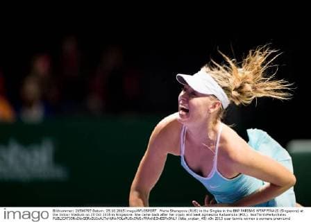 Maria Sharapova (RUS) in the Singles in the BNP PARIBAS WTAF FINALS (Singapore) at the Indoor Stadium on 25 Oct 2015 in Singapore. She came back after her injury and beat Agnieszka Radwanska (POL). NoxThirdxPartyxSales  (ldta_snpten_48)