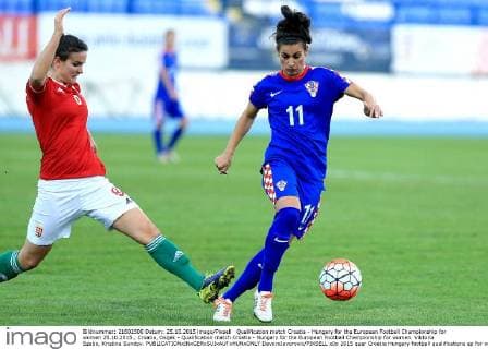 Qualification match Croatia - Hungary for the European Football Championship for women 25.10.2015., Croatia, Osijek - Qualification match Croatia - Hungary for the European Football Championship for women. Viktoria Szabo, Kristina Sundov.  DavorxJavorovic PIXSELL
