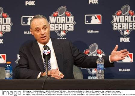 Commissioner Robert D. Manfred, Jr. speaks to the media during a press availability prior to game 1 of the World Series at Kauffman Stadium in Kansas City, Missouri on October 26, 2015. The Kansas City Royals will play the New York Mets in the World Series starting tomorrow. UPI Jeff Moffett  KCP20151026108 JEFFxMOFFETT