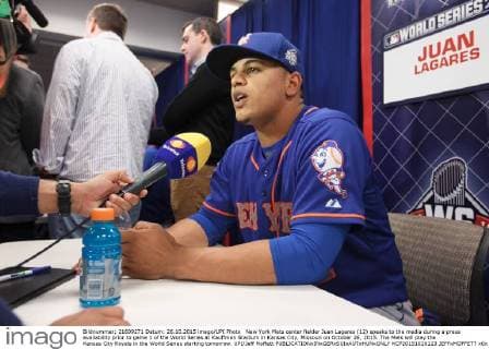 New York Mets center fielder Juan Lagares (12) speaks to the media during a press availability prior to game 1 of the World Series at Kauffman Stadium in Kansas City, Missouri on October 26, 2015. The Mets will play the Kansas City Royals in the World Series starting tomorrow. UPI Jeff Moffett  KCP20151026123 JEFFxMOFFETT
