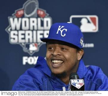 Oct. 26, 2015 - Kansas City, MO, USA - Kansas City Royals starting pitcher Edinson Volquez during the World Series workout press conference PK Pressekonferenz on Monday, Oct. 26, 2015, at Kauffman Stadium in Kansas City, Mo. World Series workout - ZUMAm67_