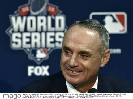 Oct. 26, 2015 - Kansas City, MO, USA - Baseball Commissioner Robert D. Manfred, Jr. during the World Series workout press conference PK Pressekonferenz on Monday, Oct. 26, 2015, at Kauffman Stadium in Kansas City, Mo. World Series workout - ZUMAm67_