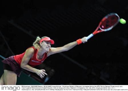 Angelique Kerber of Germany competes during the WTA Tennis Damen Finals round robin match against Petra Kvitova of Czech Republic held at Singapore Indoor Stadium in Singapore, Oct. 26, 2015. Angelique Kerber won 2-0. ) Authorized by ytfs (SP)SINGAPORE-WTA FINALS-ANGELIQUE VS KVITOVA ThenxChihxWey 