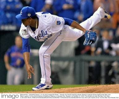 Kansas City Royals starting pitcher Edinson Volquez throws against the New York Mets in game 1 of the World Series at Kauffman Stadium in Kansas City, Missouri on October 27, 2015. The Royals will play the New York Mets in the 2015 World.  KCP2015102702 KEVINxDIETSCH