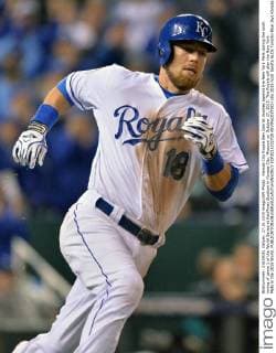 Kansas City Royals Ben Zobrist doubles against the New York Mets during the sixth inning of game 1 of the World Series at Kauffman Stadium in Kansas City, Missouri on October 27, 2015. The Royals will play the New York Mets in the 2015 World.  KCP2015102728 KEVINxDIETSCH