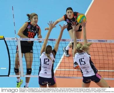 2016 CEV DenizBank Volleyball Champions League - Women - match between Eczacibasi VitrA ISTANBUL vs Pomì CASALMAGGIORE at Burhan Felek Sports Hall in Istanbul on 27 October 2015. Final Score: Eczacibasi VitrA ISTANBUL 2 - Pomì CASALMAGGIORE 3 Sets Score: ( 22-25) (18-25) (25-13) (27-25) (11-15) Pictured: Tijana Boskovic 3 , Maja Poljak 18 of Eczacibasi Vitra and Francesca Piccinini 12, Jovana Stevanovic 15, of Pomi. 